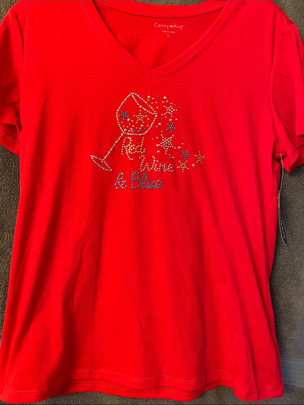Red V-Neck Tee with Rhinestone Wine Glass Graphic